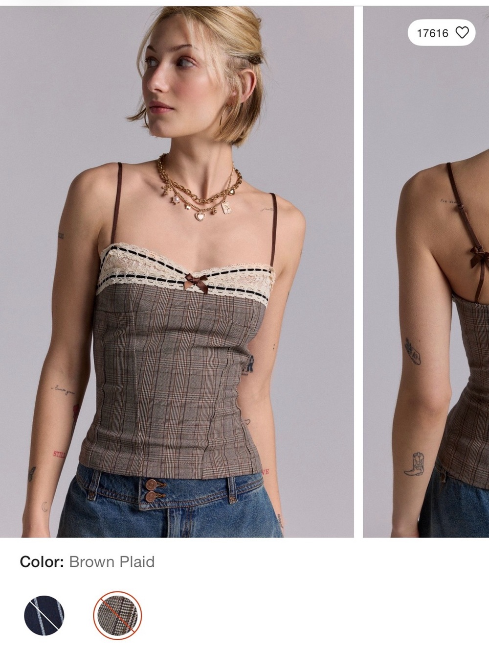 Kimchi Blue Brown Plaid Lace-Trim Cami